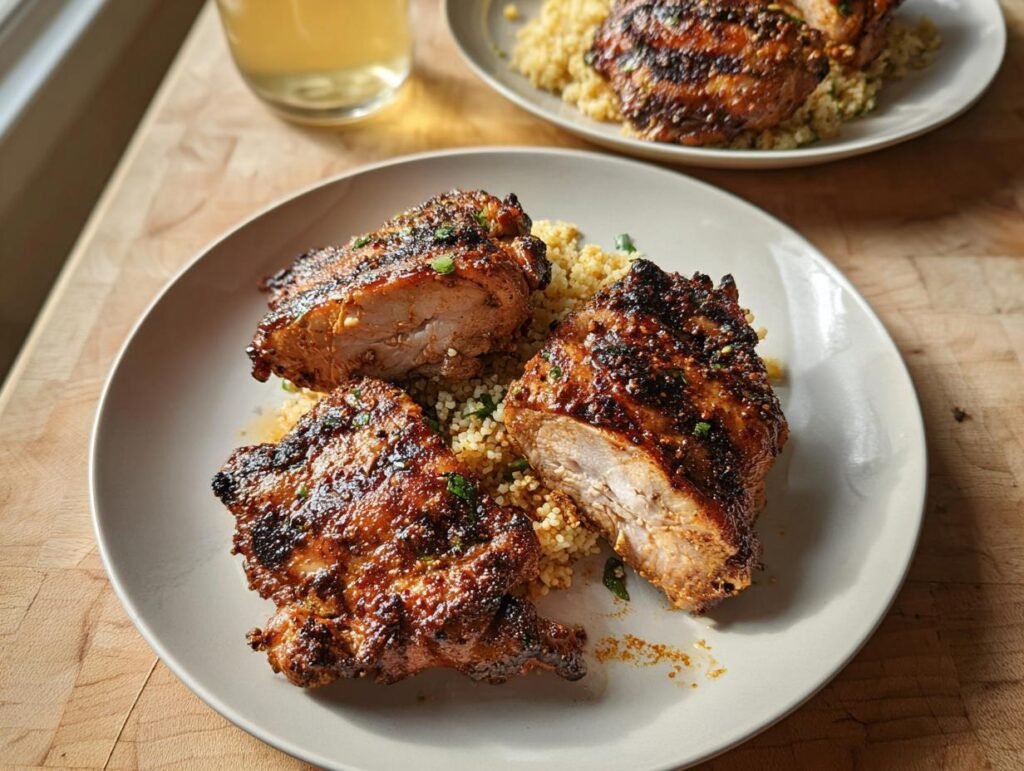 Three pieces of beautifully charred Moroccan Spiced Chicken Thighs served over a bed of fluffy couscous on a light gray plate.