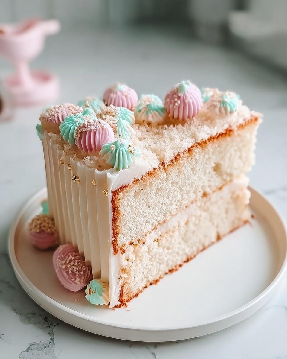 A slice of a white cake featuring new cake designs with pastel pink and mint green frosting swirls and gold leaf accents.
