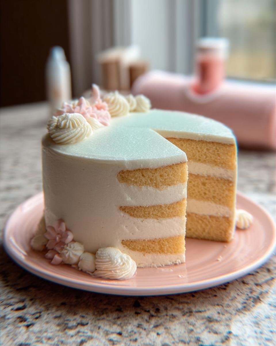 A new cake design featuring a tall vanilla layer cake with white frosting, pink floral accents, and visible cake layers.
