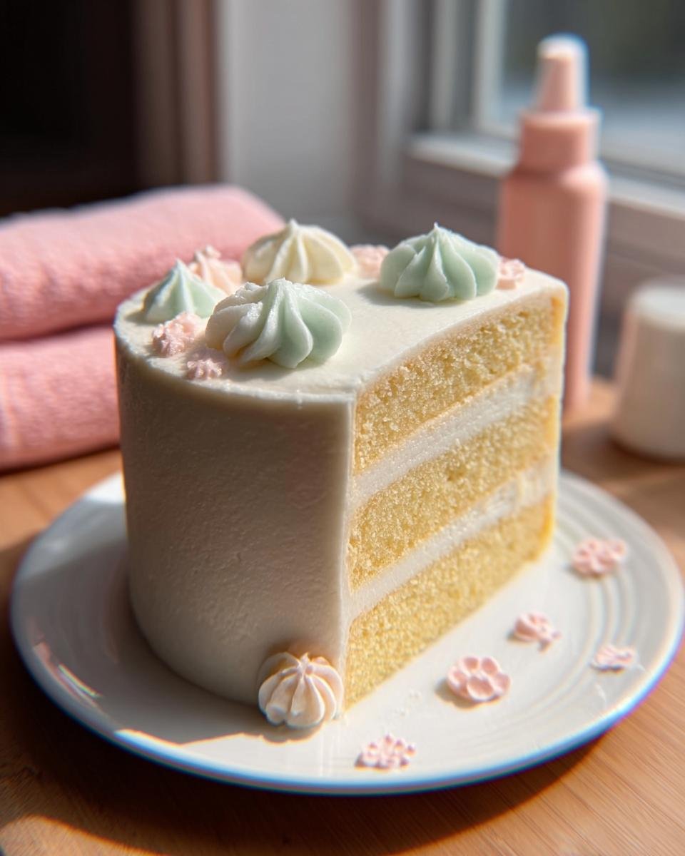 A slice of a new cake design featuring vanilla cake layers with white frosting and pastel-colored piped decorations.