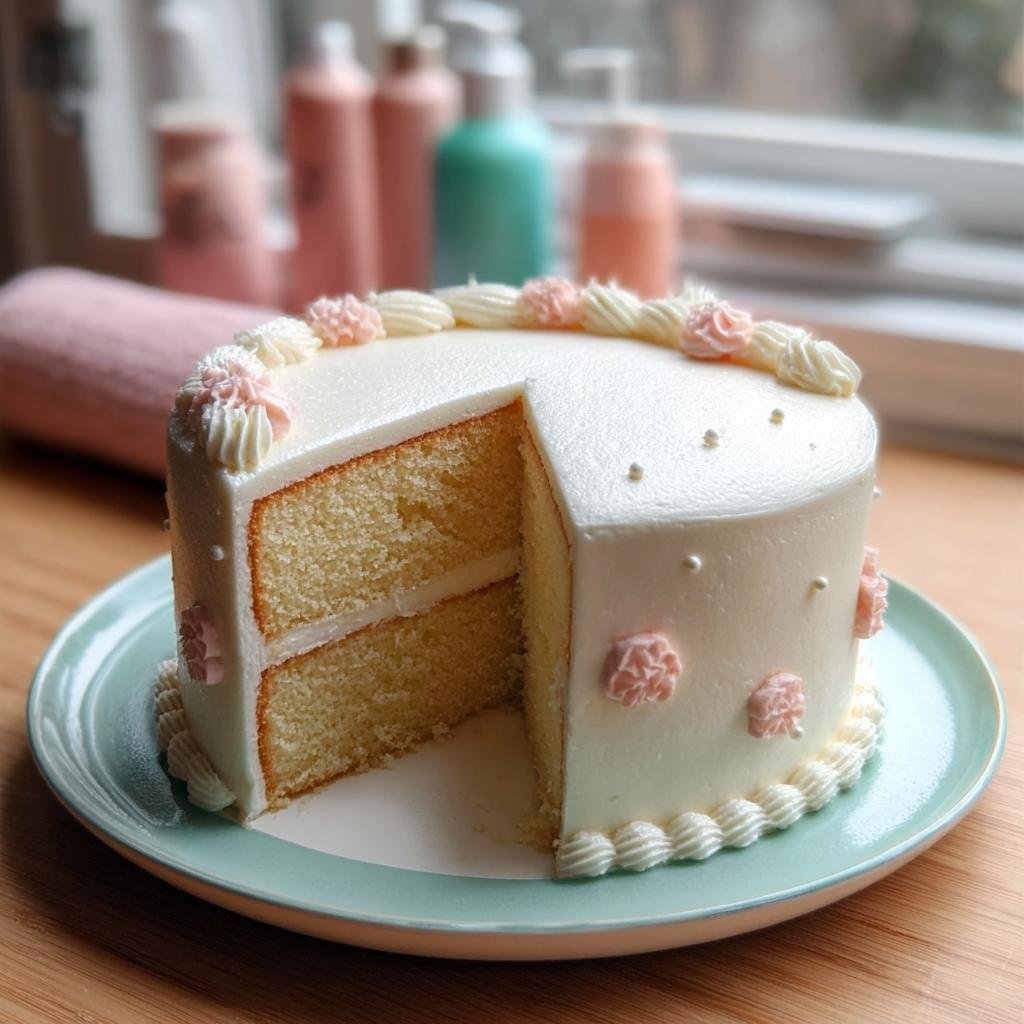 A slice of a new cake design featuring white frosting, delicate pink floral piping, and pearl decorations.