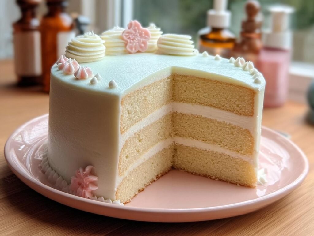 A slice of a beautifully decorated white cake with multiple layers and delicate pink flower decorations, showcasing new cake designs.