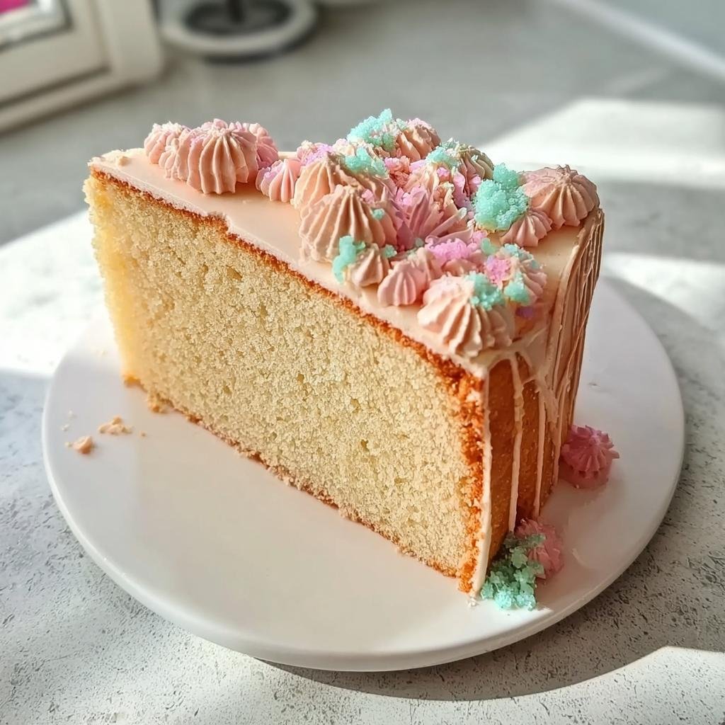 A slice of vanilla cake with new cake decoration featuring pastel pink and blue frosting swirls and sprinkles.