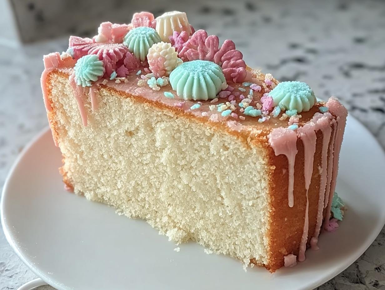 A slice of cake showcasing new cake designs with pink frosting, pastel piping, and colorful sprinkles.