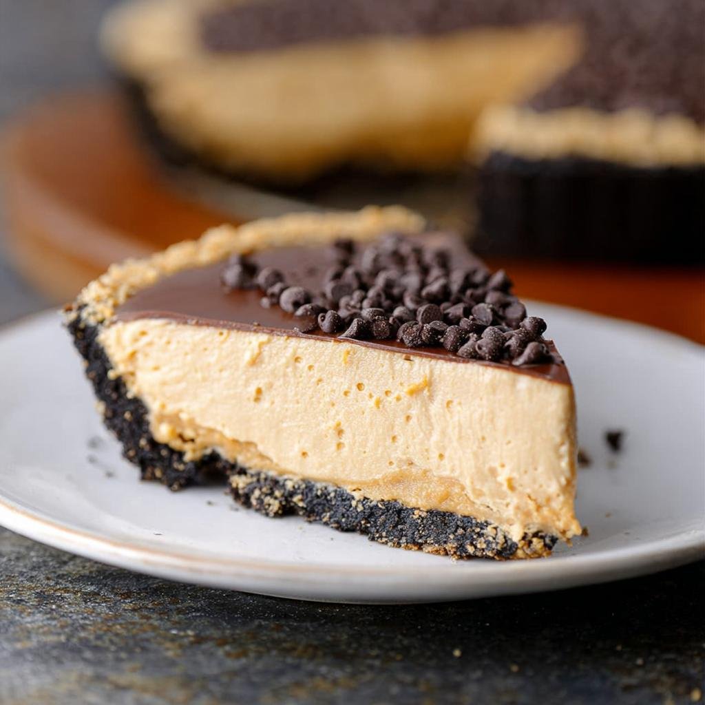 A delicious slice of no-bake peanut butter pie, topped with chocolate chips and a chocolate ganache layer.