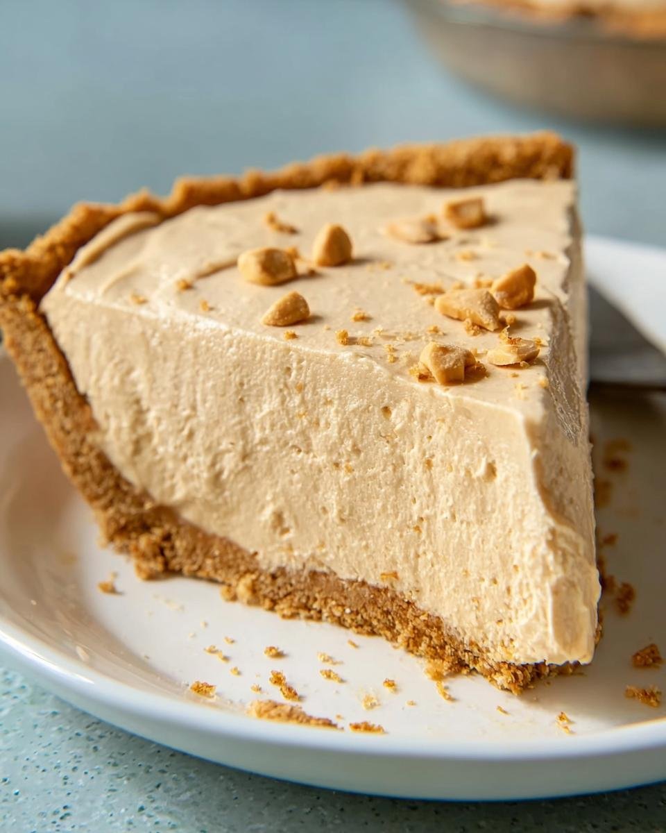 A close-up of a creamy slice of No-Bake Peanut Butter Pie topped with chopped peanuts.