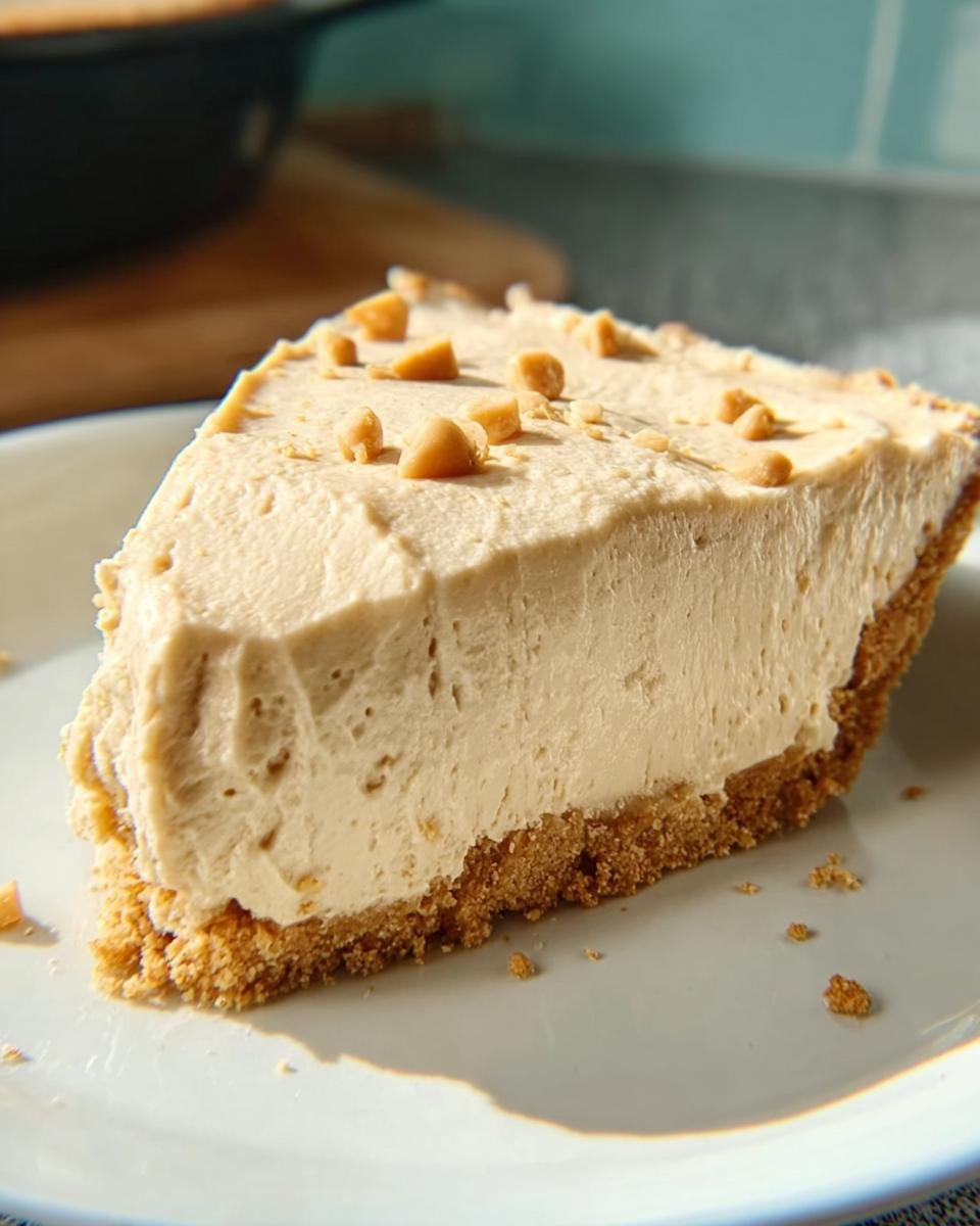 A close-up of a creamy slice of No-Bake Peanut Butter Pie on a white plate, topped with peanut butter chips.