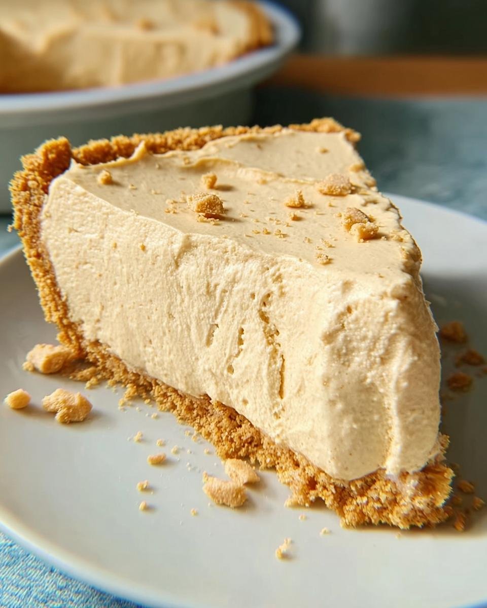 A close-up of a creamy slice of No-Bake Peanut Butter Pie with a graham cracker crust and peanut crumble topping.