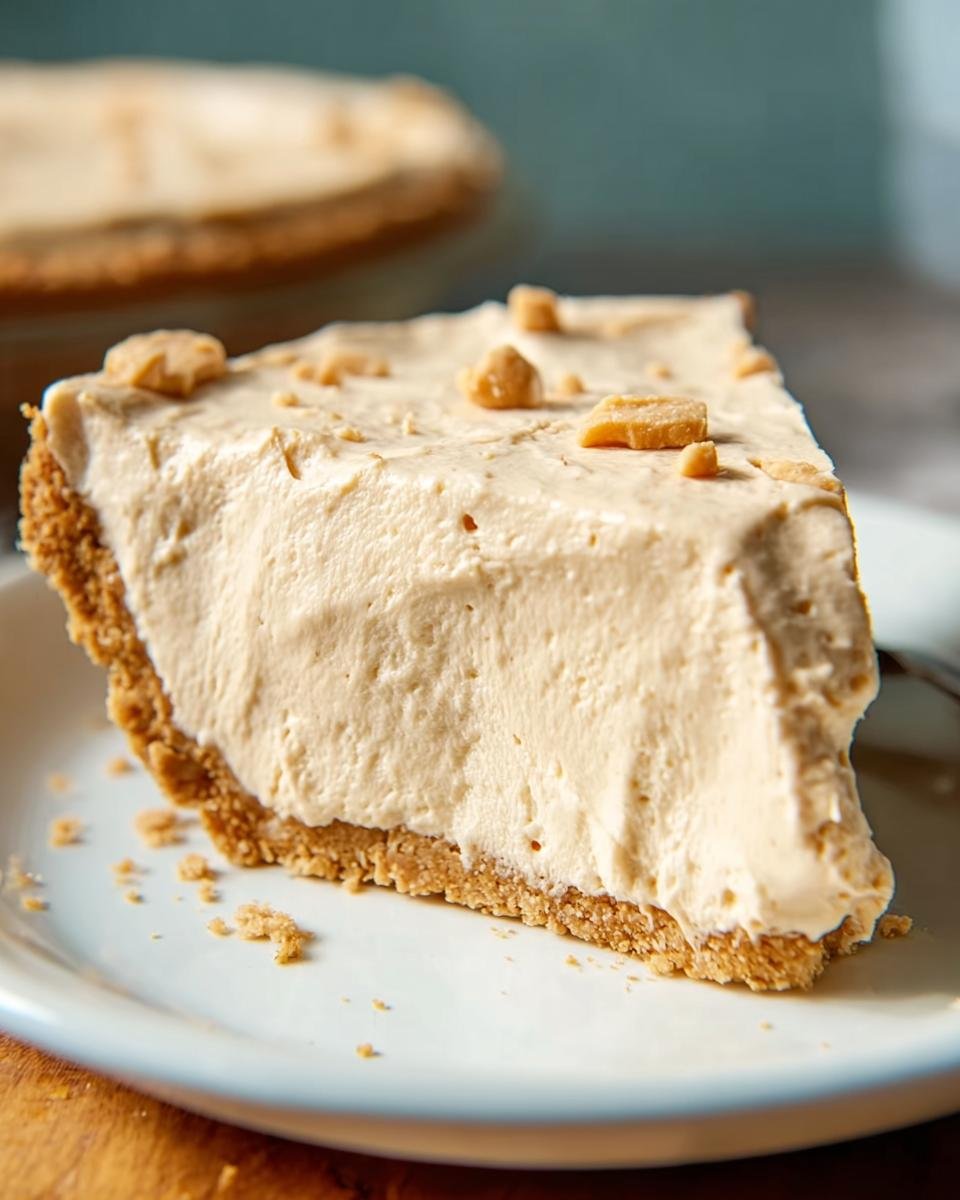 A close-up of a creamy slice of No-Bake Peanut Butter Pie on a white plate, topped with peanut butter crumbles.