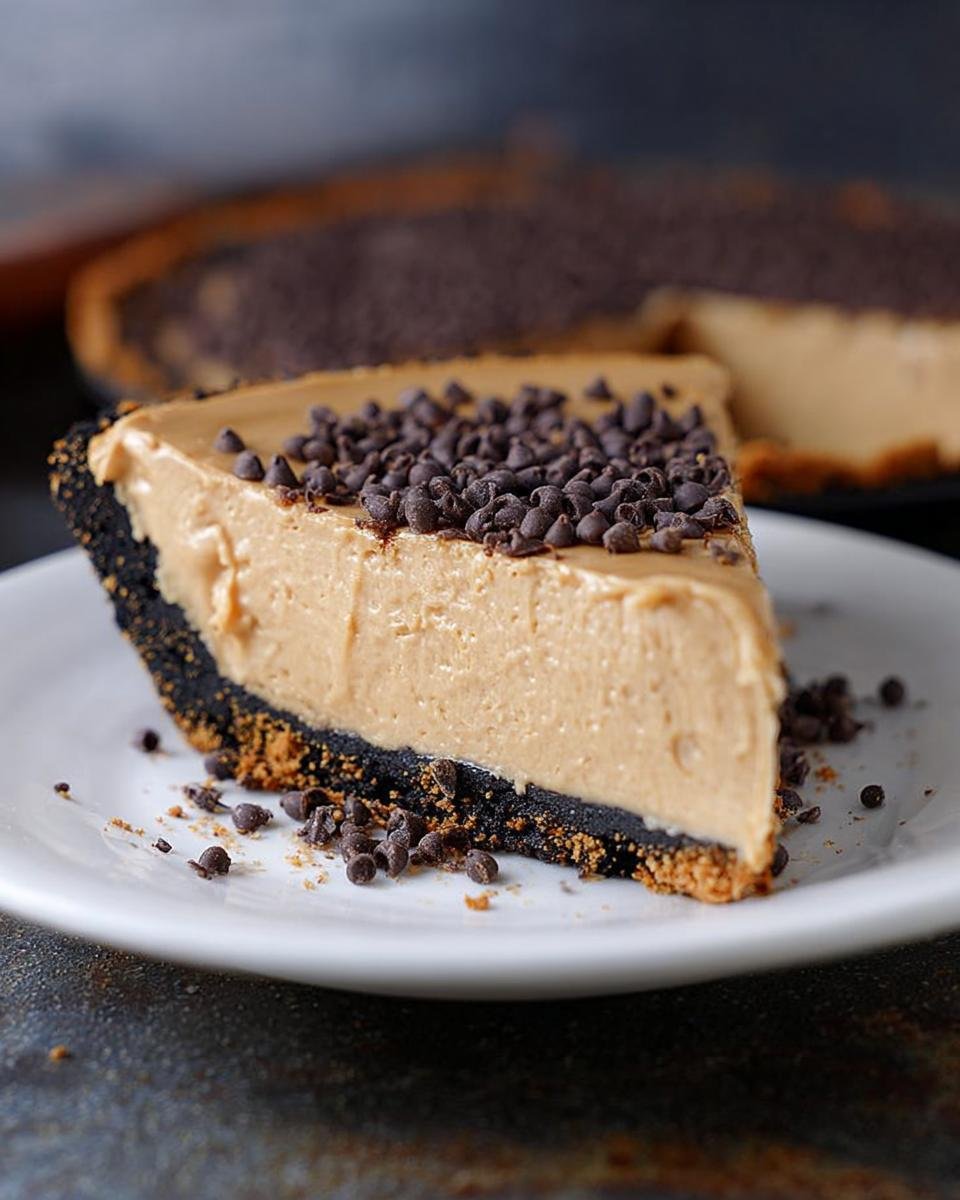 A slice of creamy No-Bake Peanut Butter Pie topped with mini chocolate chips on a white plate.