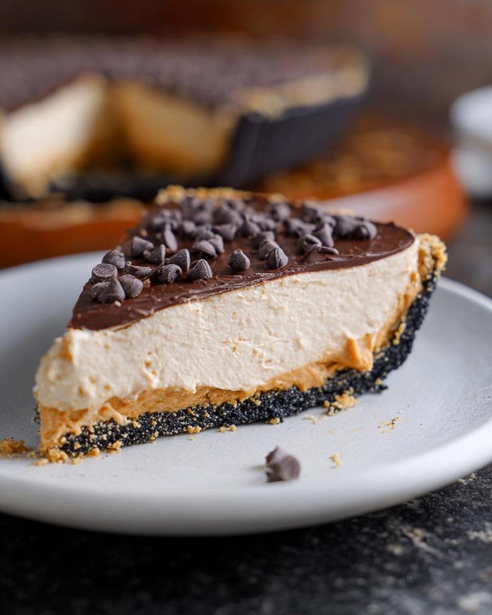 A delicious slice of No-Bake Peanut Butter Pie, topped with chocolate ganache and mini chocolate chips.