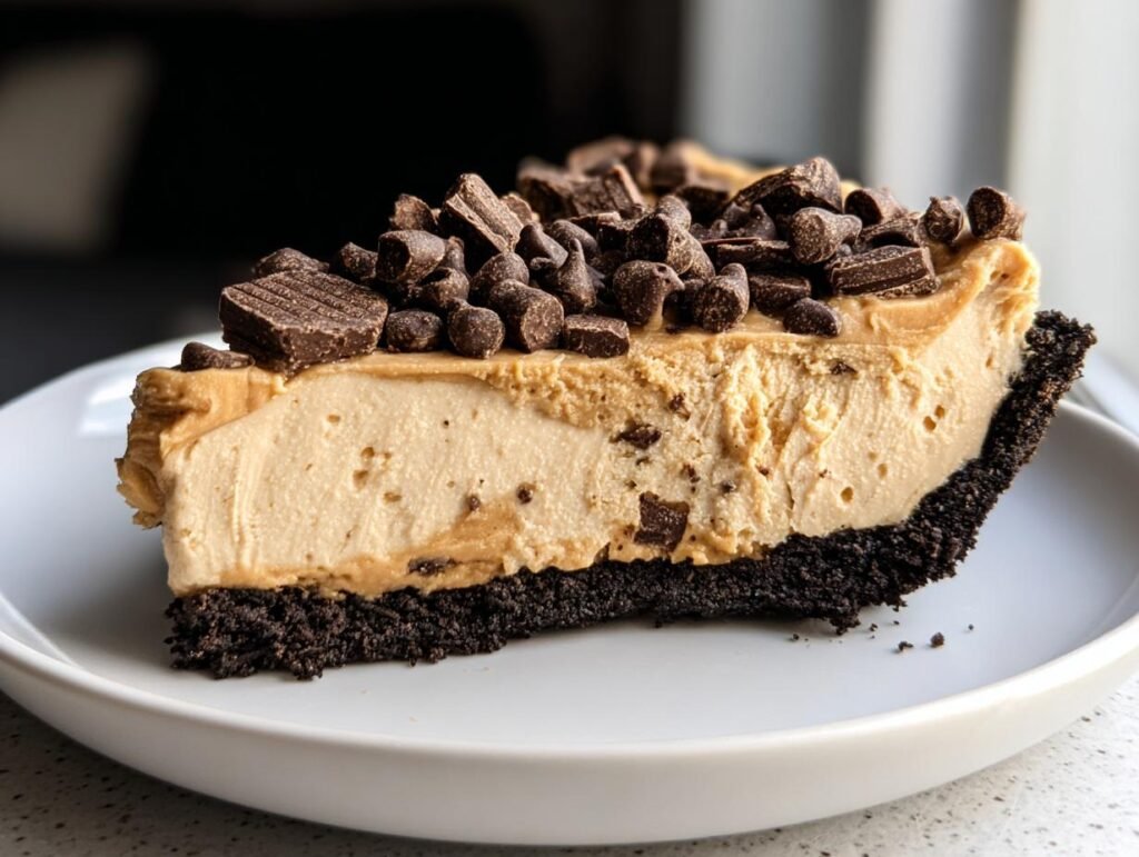 A slice of no bake peanut butter pie on a white plate, topped with chocolate chips and chunks.