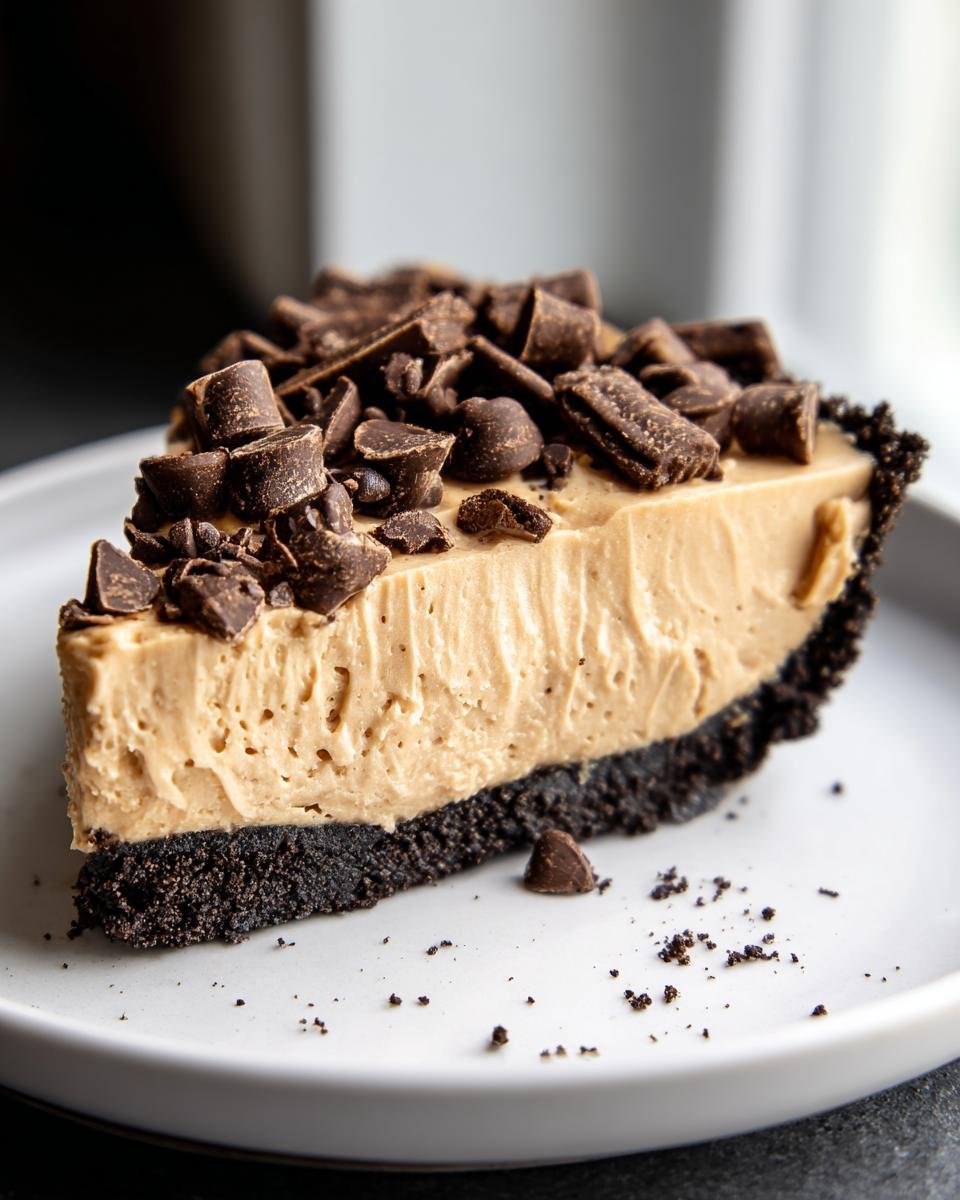 A decadent slice of no bake peanut butter pie, topped generously with chocolate shavings.