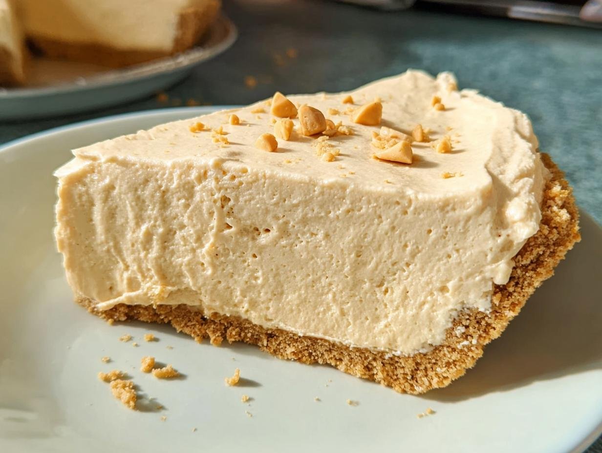 A close-up of a creamy slice of No-Bake Peanut Butter Pie on a light blue plate, topped with crushed peanuts.