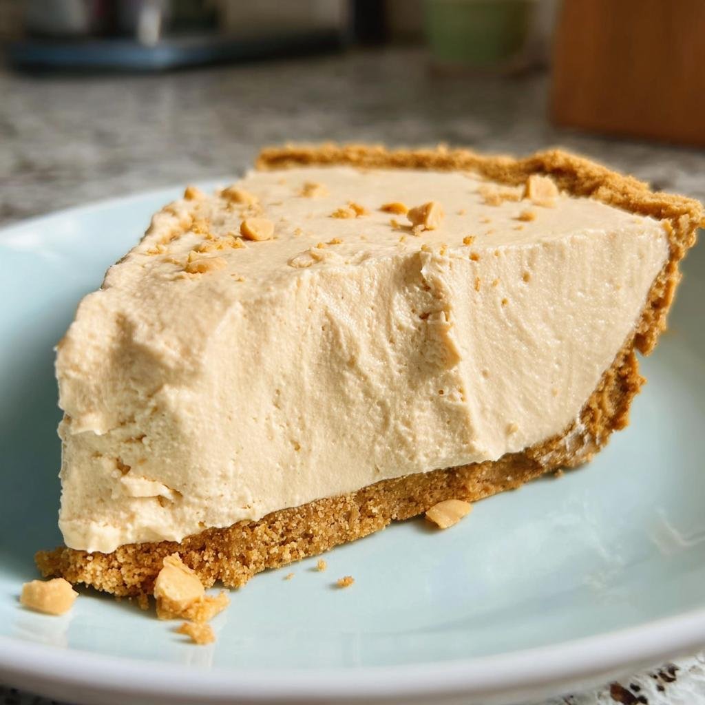 A delicious slice of no-bake peanut butter pie on a light blue plate, topped with chopped peanuts.