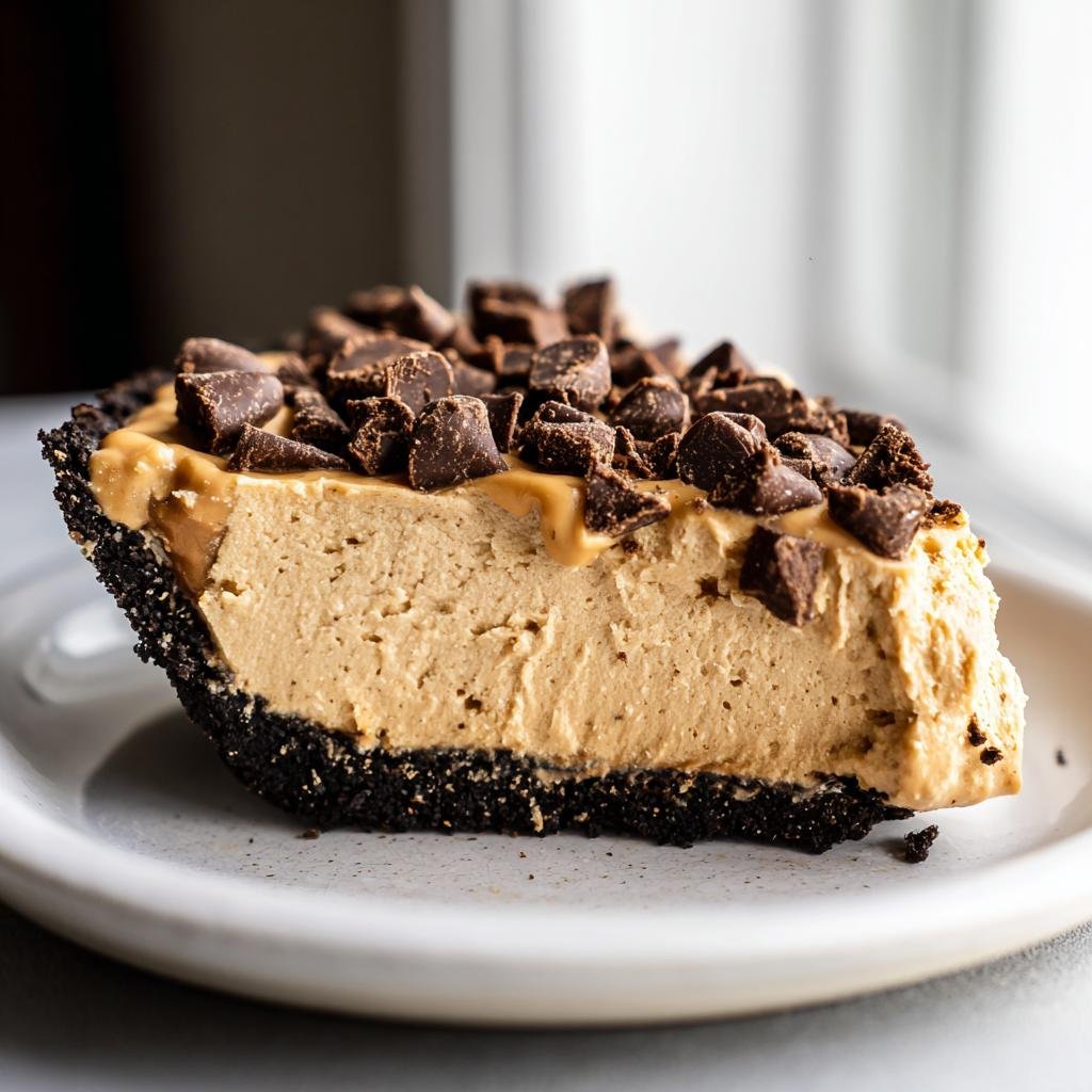 A decadent slice of no bake peanut butter pie, topped with chocolate chips and drizzled with caramel.
