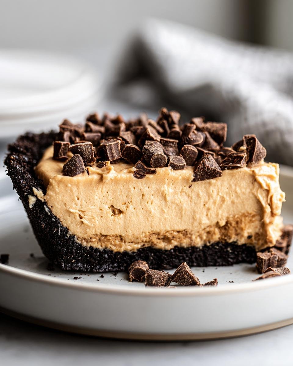 A delicious slice of no bake peanut butter pie, topped with chocolate chunks, on a white plate.