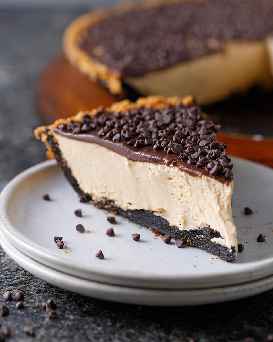 A creamy slice of No-Bake Peanut Butter Pie topped with chocolate ganache and mini chocolate chips.