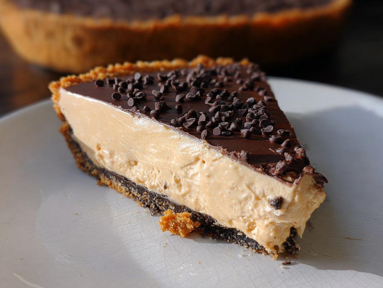 A slice of No-Bake Peanut Butter Pie with a chocolate ganache topping and mini chocolate chips.