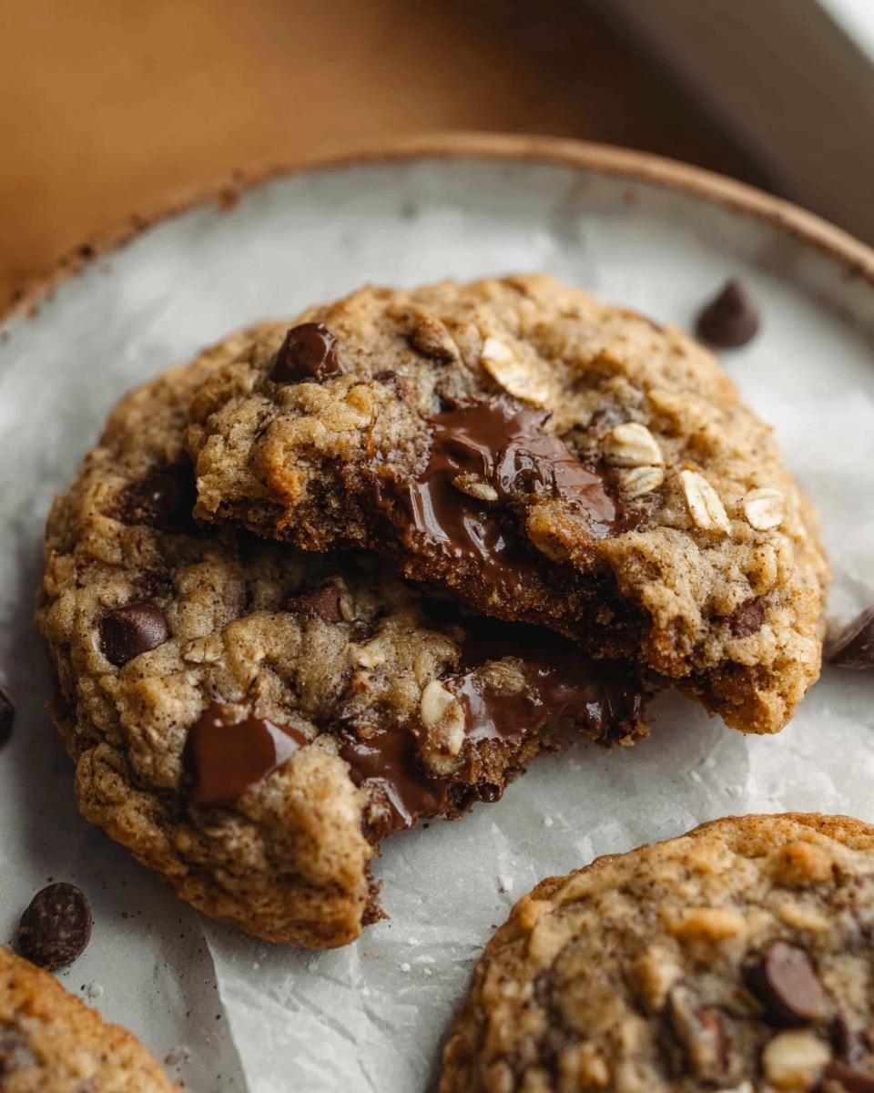 Close-up of Oatmeal Chocolate Chip Cookies Soft Center broken in half showing gooey melted chocolate.
