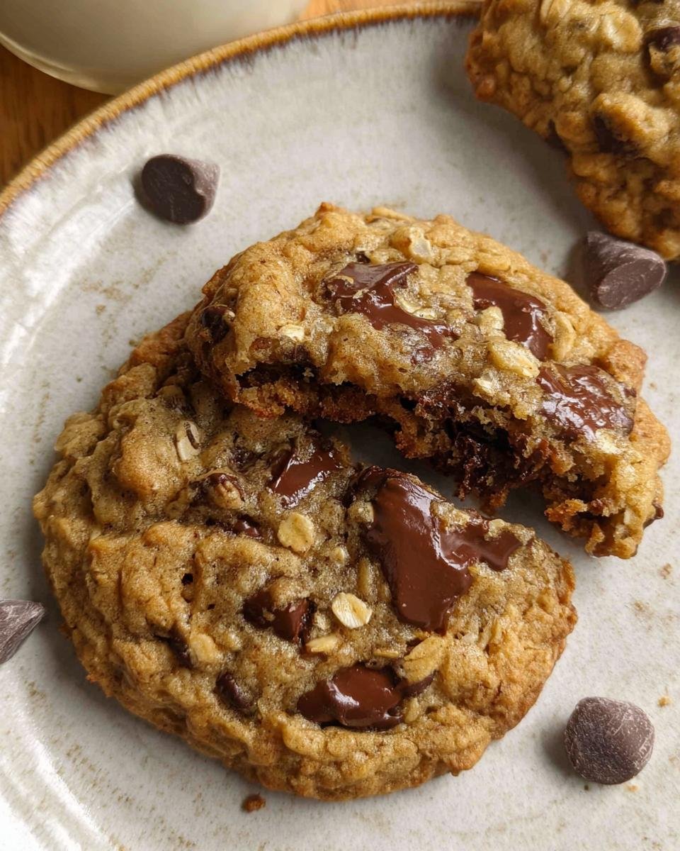 Close-up of an Oatmeal Chocolate Chip Cookies Soft Center cookie broken in half, showing gooey melted chocolate.