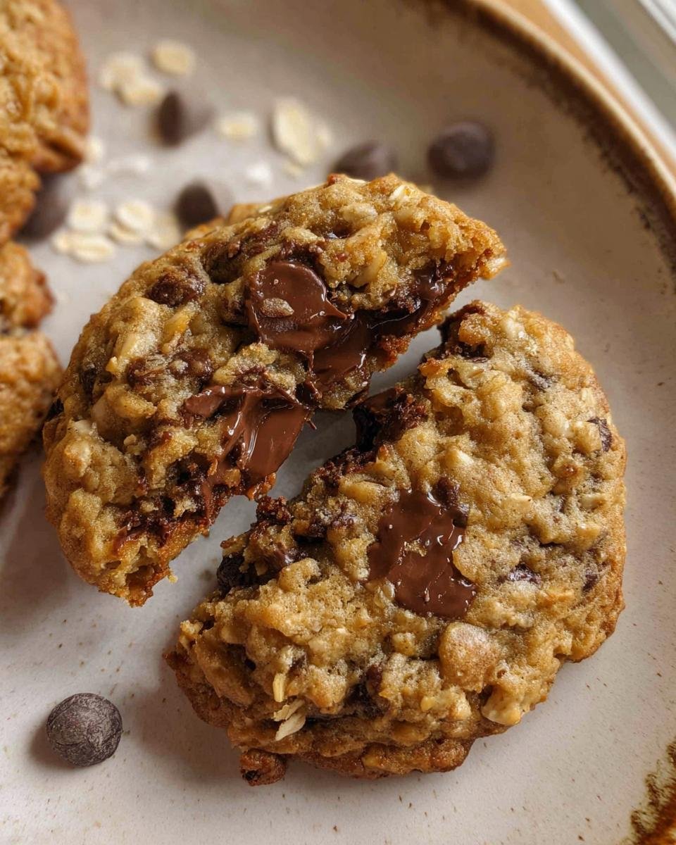 Close-up of an Oatmeal Chocolate Chip Cookies Soft Center broken in half, showing gooey melted chocolate.