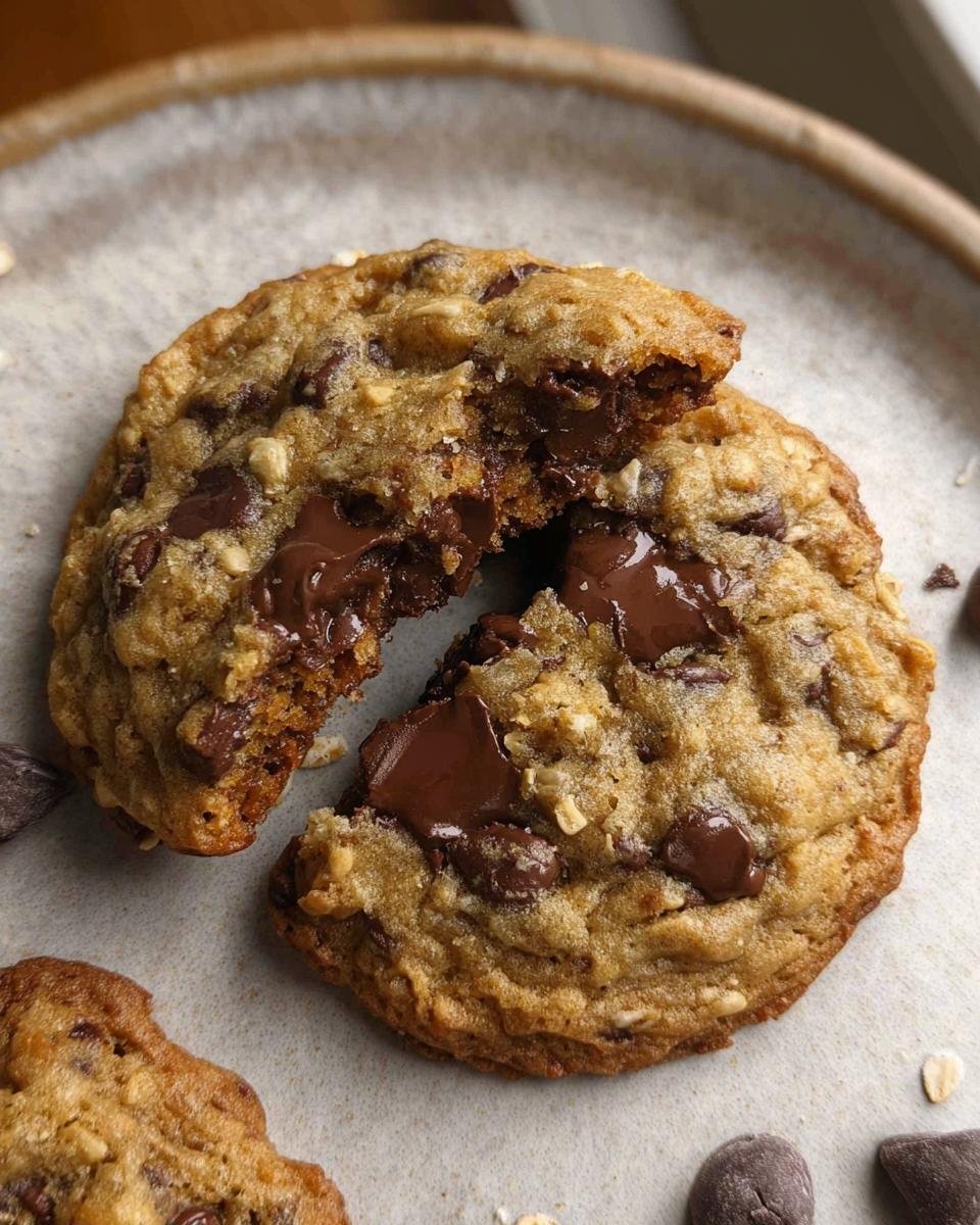 A close-up of an Oatmeal Chocolate Chip Cookies Soft Center broken in half, showing gooey melted chocolate.