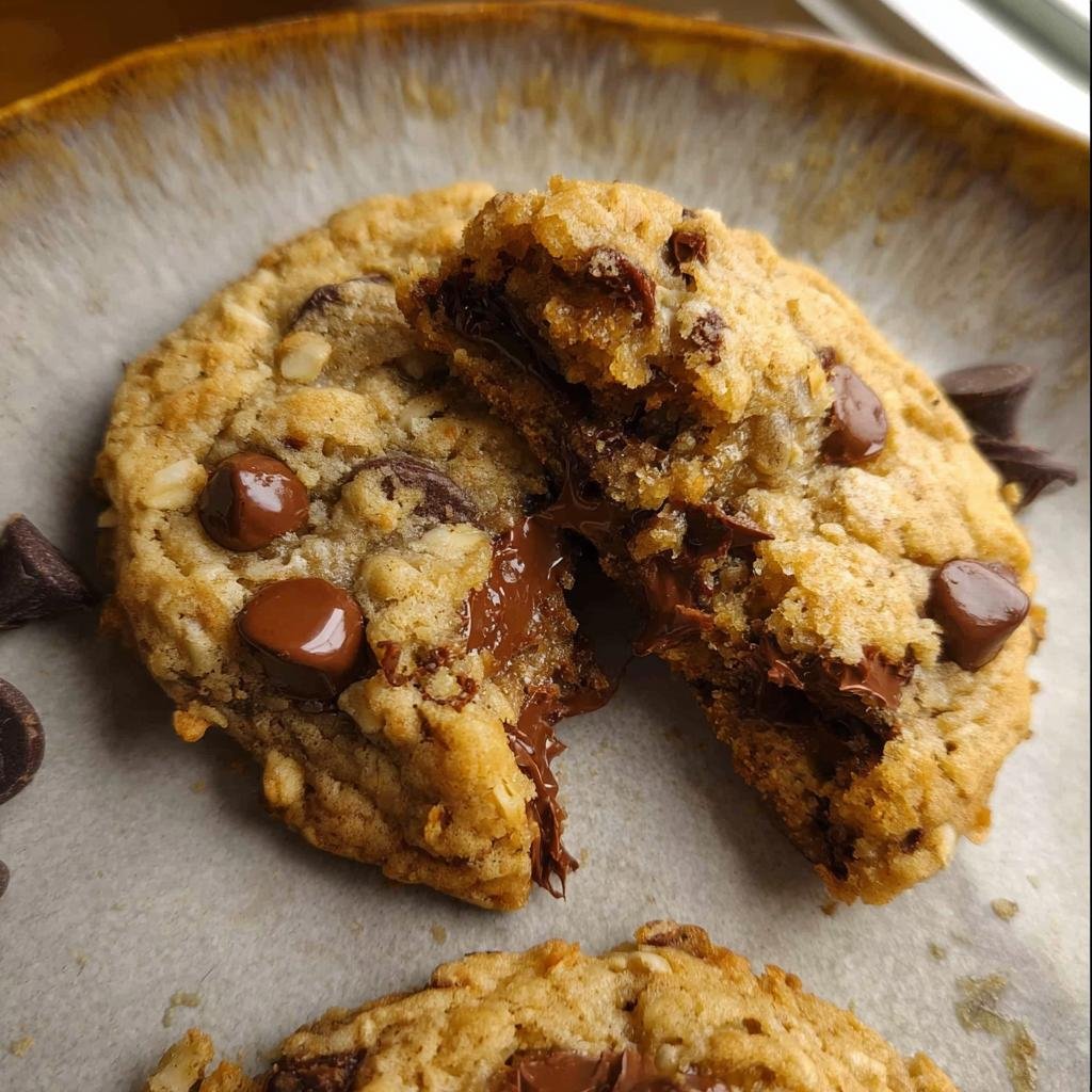 Close-up of an Oatmeal Chocolate Chip Cookies Soft Center cookie broken in half showing melted chocolate.