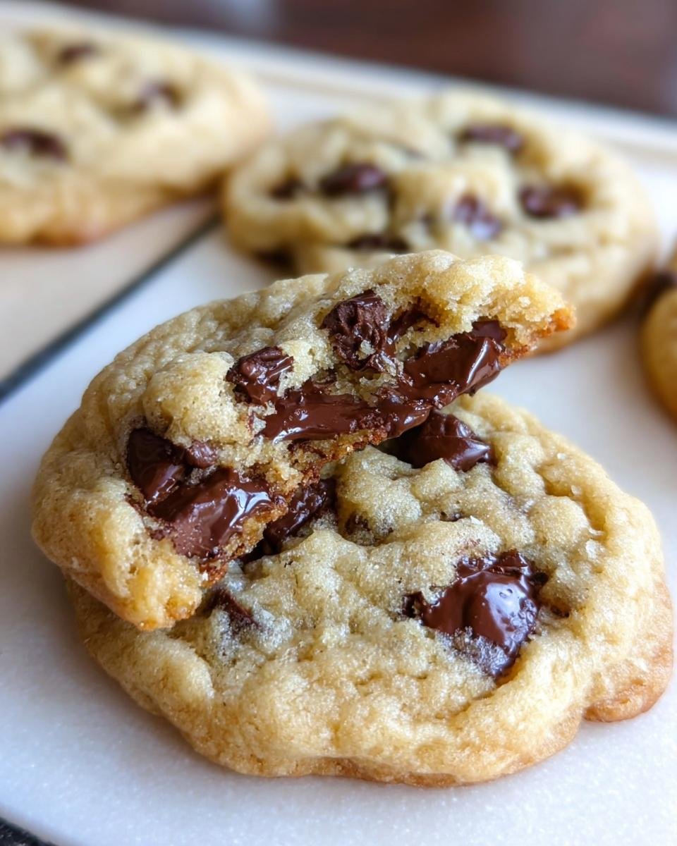 Close-up of a One Bowl Chocolate Chip Cookie broken in half showing gooey, melted chocolate chips inside.
