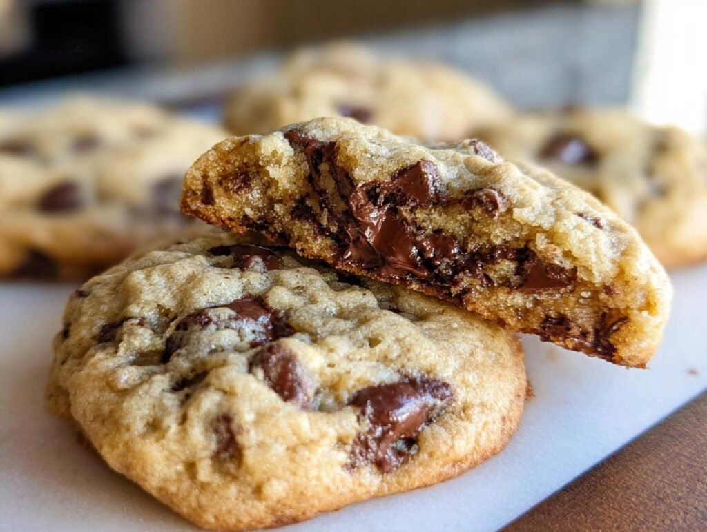 Close-up of a broken One Bowl Chocolate Chip Cookies showing a soft, gooey, melted chocolate center.