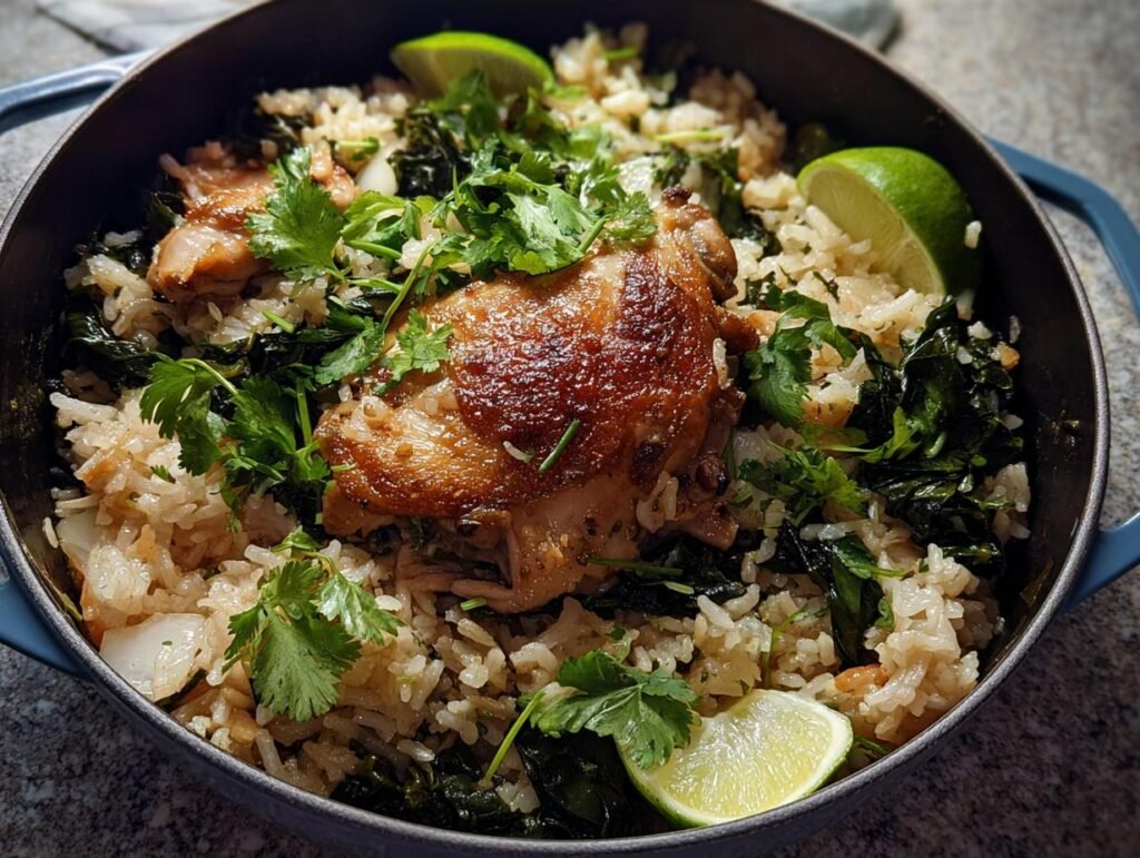 A close-up of One Pot Rice with Chicken Thighs topped with fresh cilantro and lime wedges in a dark cooking pot.