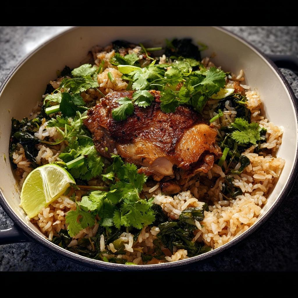 A serving of One Pot Rice with Chicken Thighs topped with fresh cilantro and a lime wedge.
