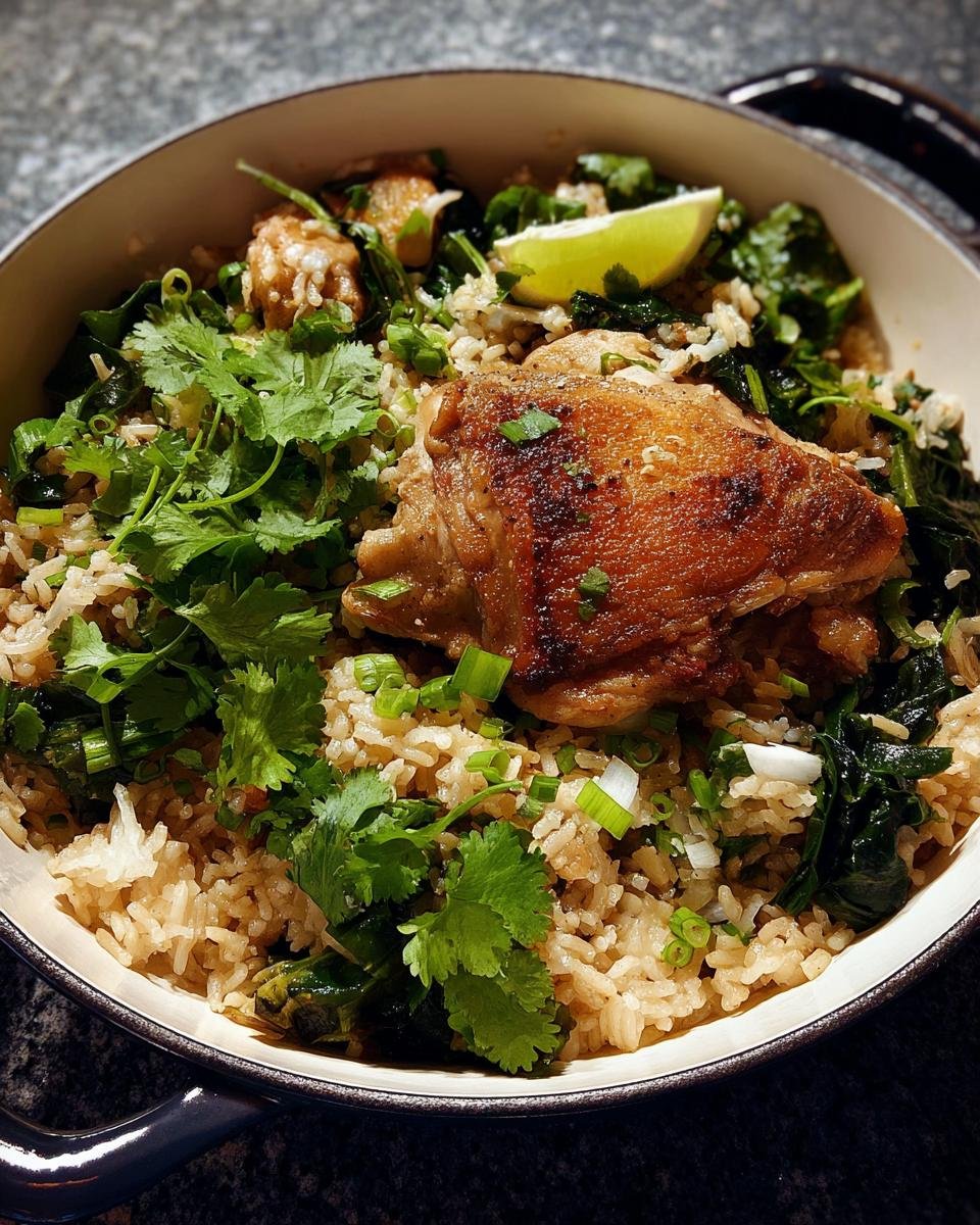 A close-up of a serving of One Pot Rice with Chicken Thighs topped with fresh cilantro and a lime wedge.