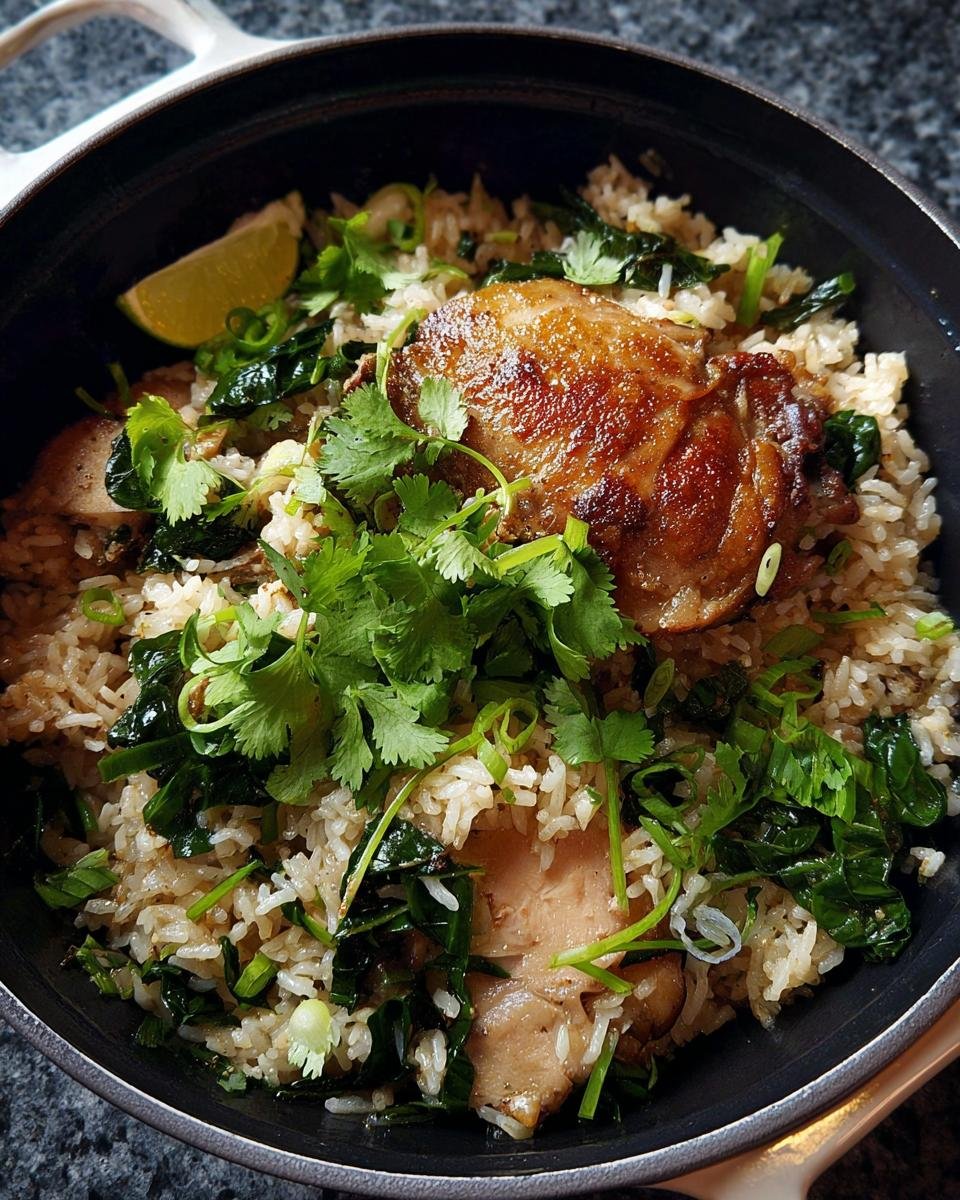 A close-up of One Pot Rice with Chicken Thighs topped with cilantro and a lime wedge in a dark cooking pot.