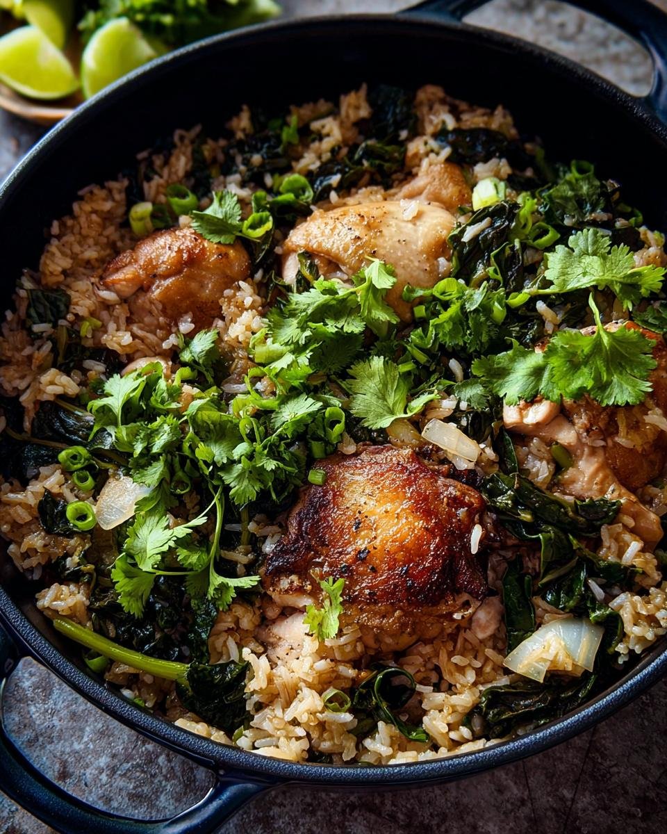 Close-up of One Pot Rice with Chicken Thighs, topped with fresh cilantro and green onions.