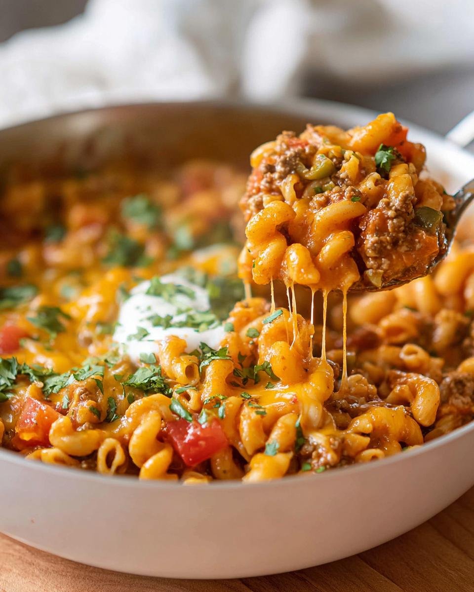 A spoonful of cheesy One Pot Taco Pasta Crowd Pleaser being lifted from a white bowl, showing melted cheese strings.