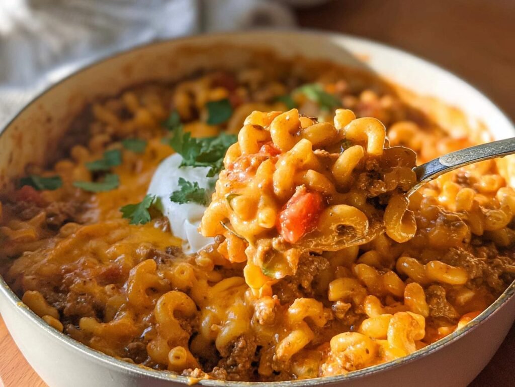 A spoonful of cheesy One Pot Taco Pasta Crowd Pleaser being lifted from a large pot topped with sour cream and cilantro.
