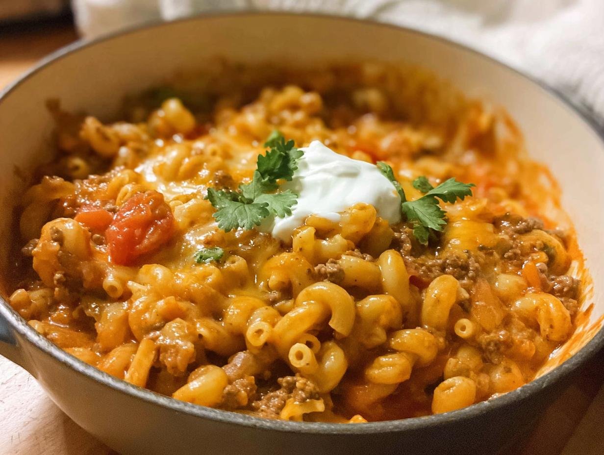 Close-up of cheesy One Pot Taco Pasta Crowd Pleaser topped with sour cream and cilantro in a serving dish.