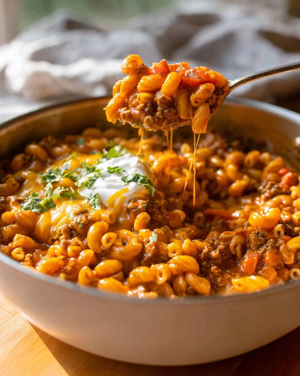 A spoonful of cheesy One Pot Taco Pasta Crowd Pleaser being lifted from the skillet, showing melted cheese strings.