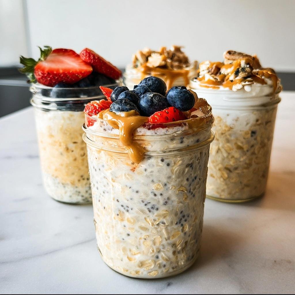 Four different jars of Overnight Oats Four Ways topped with berries, peanut butter, and nuts.