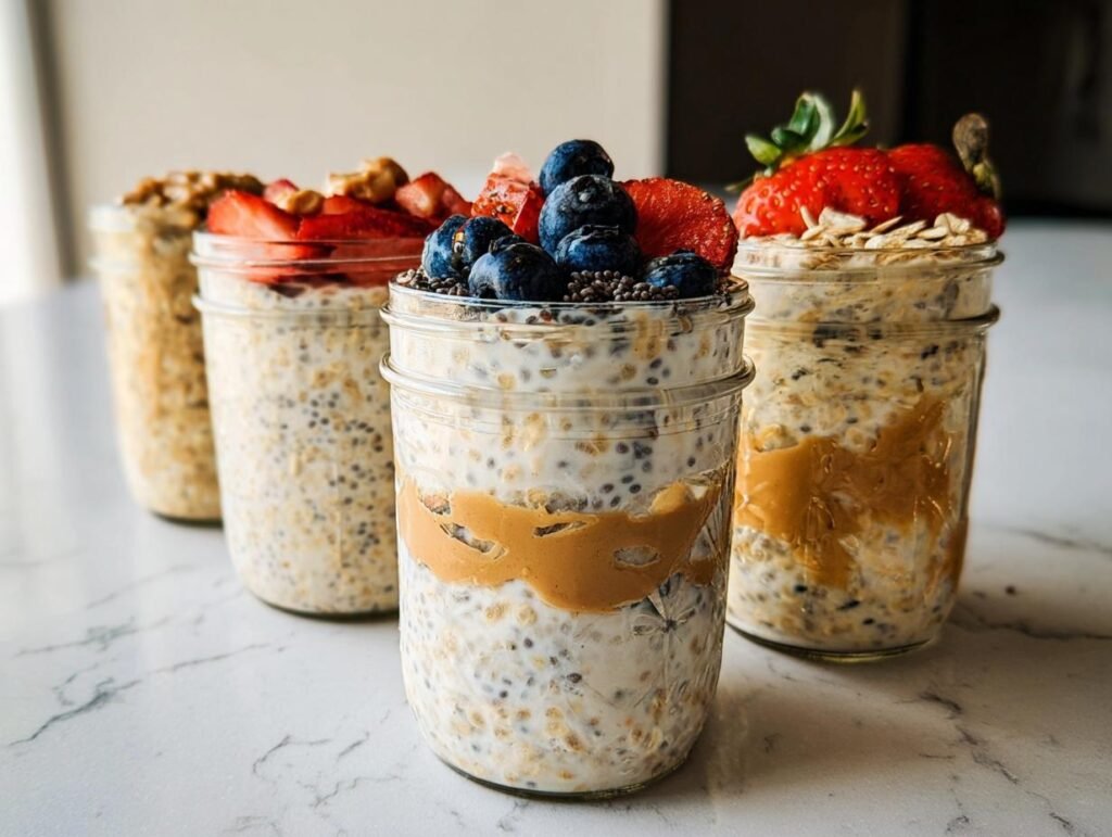 Four mason jars filled with different variations of Overnight Oats Four Ways, topped with berries and peanut butter.