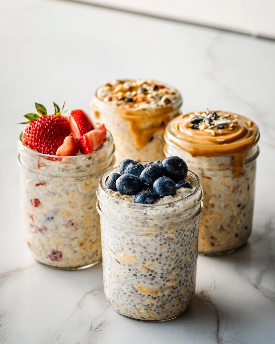 Four different jars showcasing various toppings for Overnight Oats Four Ways, including strawberries, blueberries, and peanut butter.