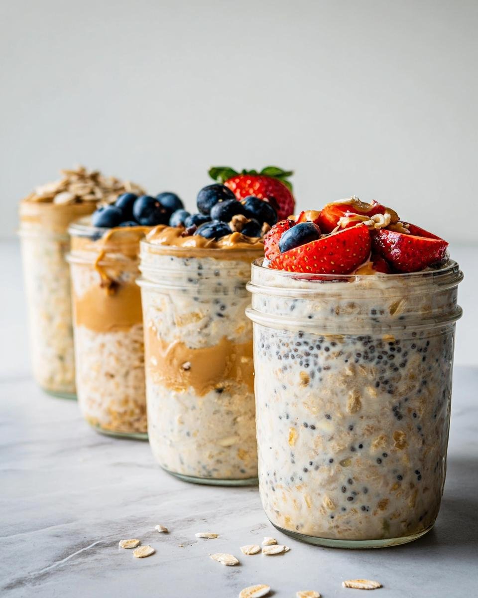 Four jars showcasing different variations of Overnight Oats, topped with berries, peanut butter, and nuts.