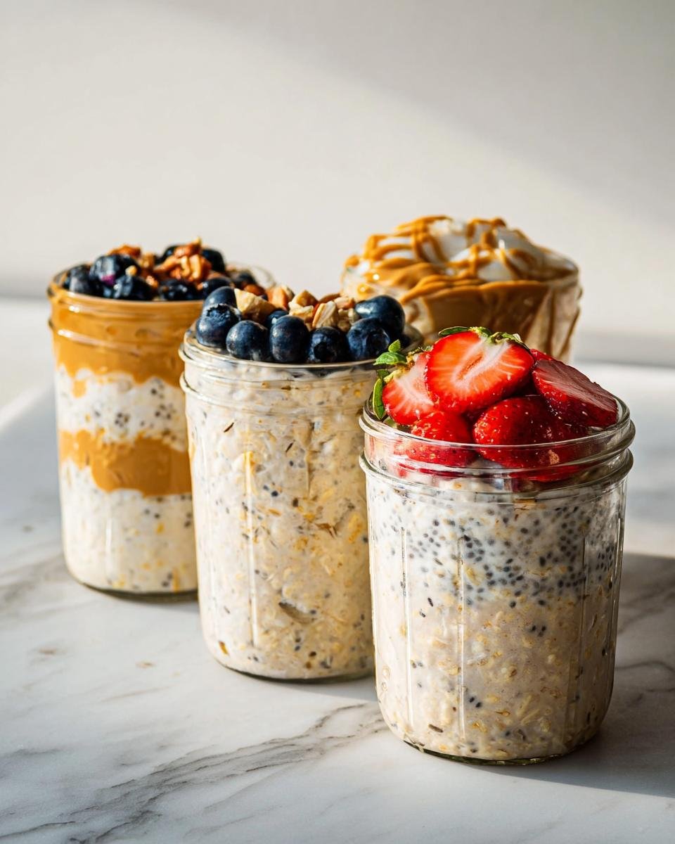 Four glass jars showcasing different Overnight Oats Four Ways recipes topped with berries, nuts, and peanut butter.