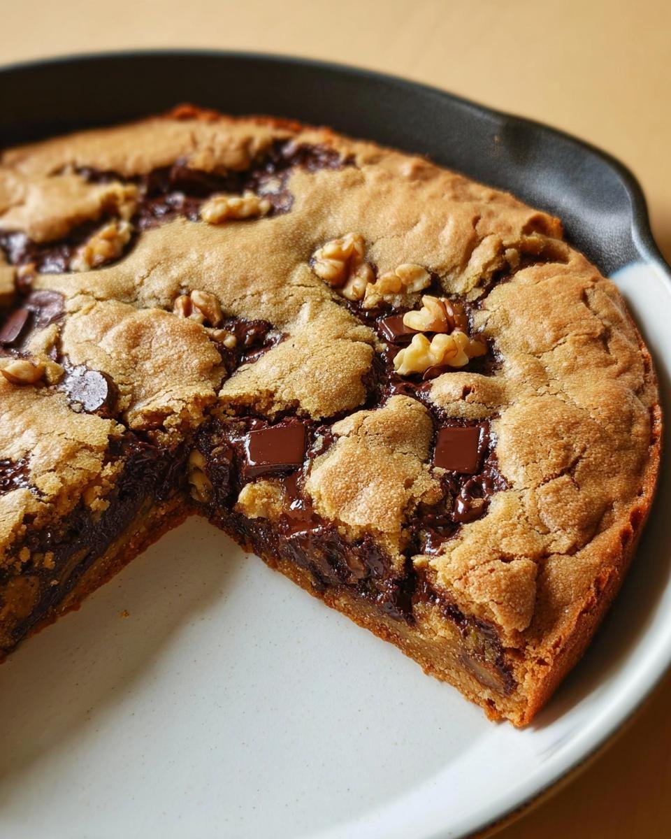 A freshly baked Pan Cookie Giant Chocolate Chip Cookie with melted chocolate and walnuts, served in a skillet.
