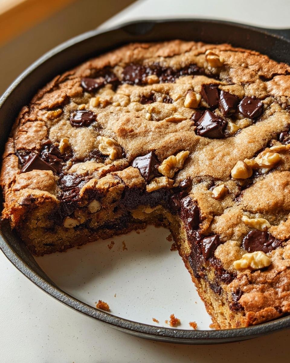 A freshly baked Pan Cookie Giant Chocolate Chip Cookie in a cast iron skillet with a slice removed.