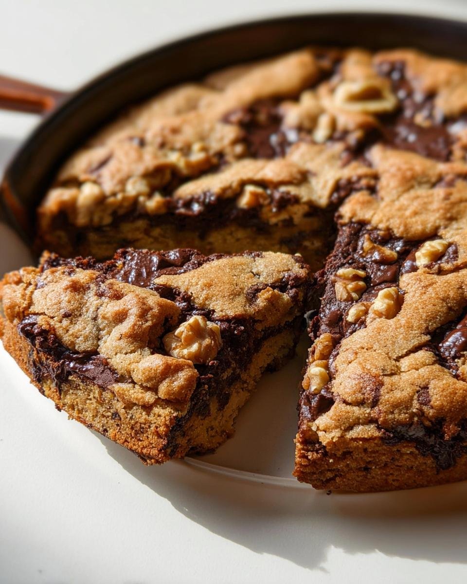 A thick Pan Cookie Giant Chocolate Chip Cookie baked in a skillet, with one slice cut out, showing melted chocolate and walnuts.