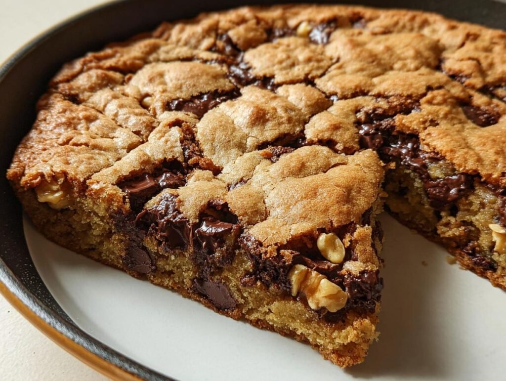 A freshly baked Pan Cookie Giant Chocolate Chip Cookie with melted chocolate chunks and walnuts, a slice partially removed.