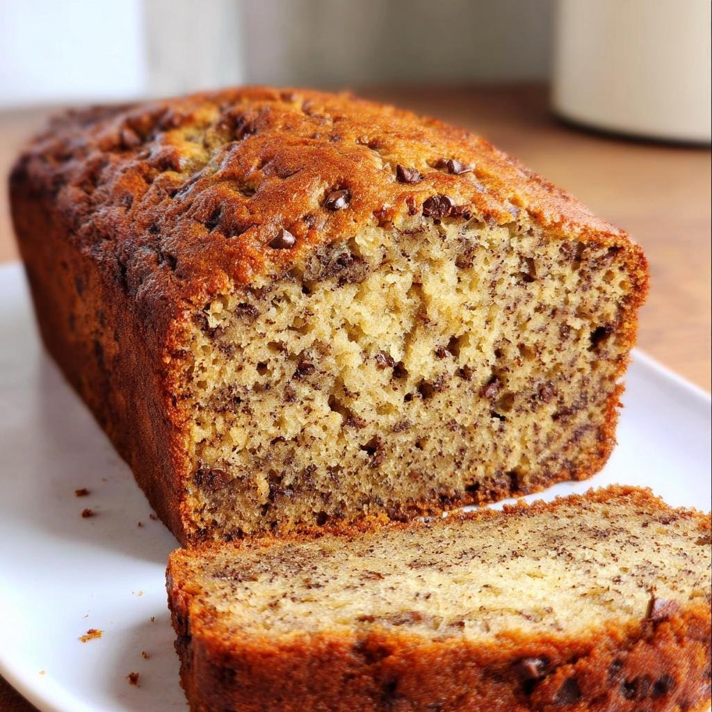 A slice of perfectly moist banana bread recipe with visible chocolate chips, served on a white plate.