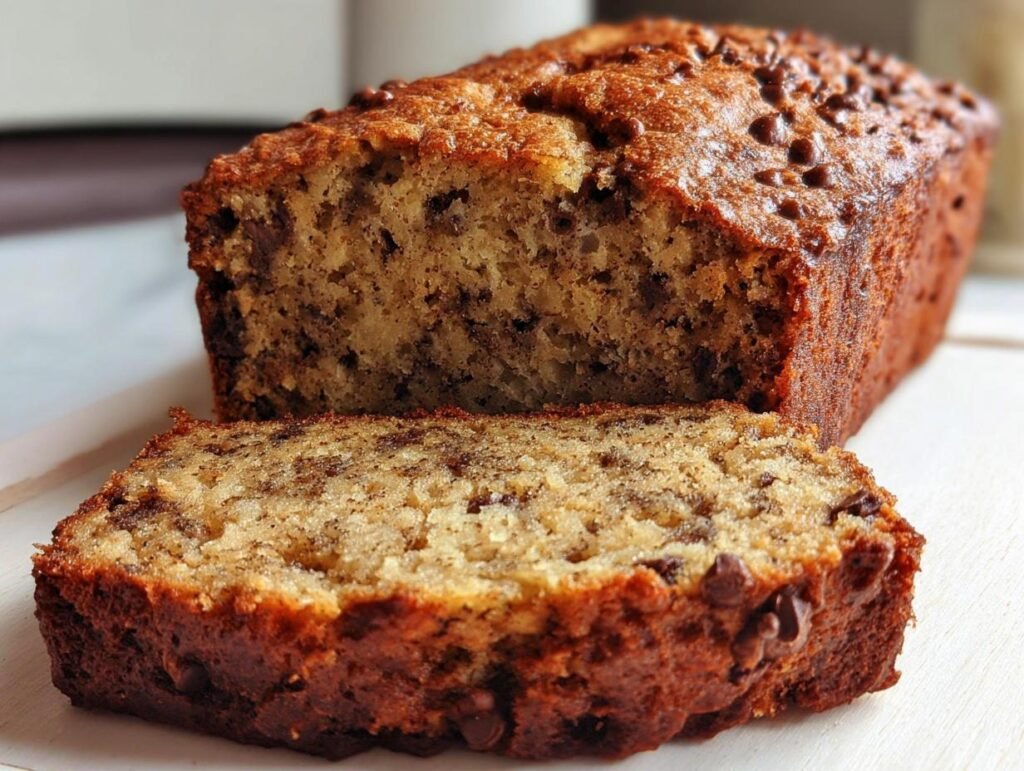 A slice of perfectly moist banana bread recipe loaded with chocolate chips, showing its tender crumb.